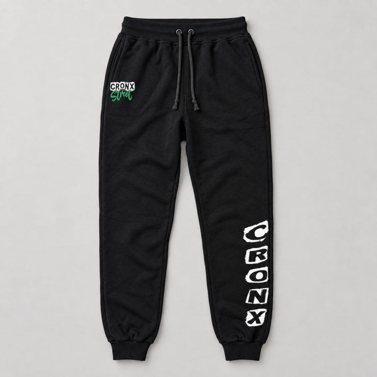 Black Cronx Street joggers with thigh logo and white leg print, front studio view